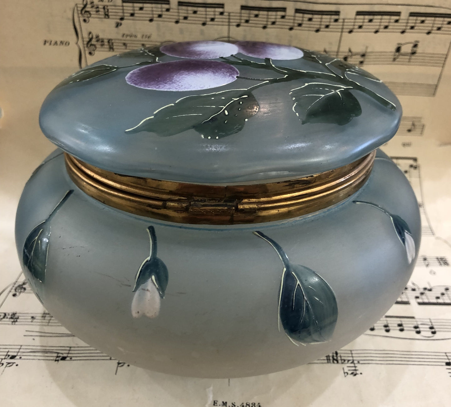 Rare Large Antique French Gilt Brass Glass Hand Painted Enameled Box Fruits Plums c1900