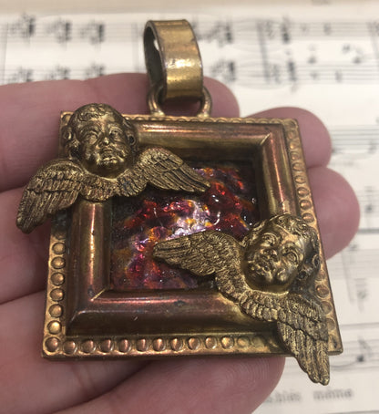 Rare Large Antique French Enamel on Copper Brass Angel Cherub Medal Signed Augis c1940