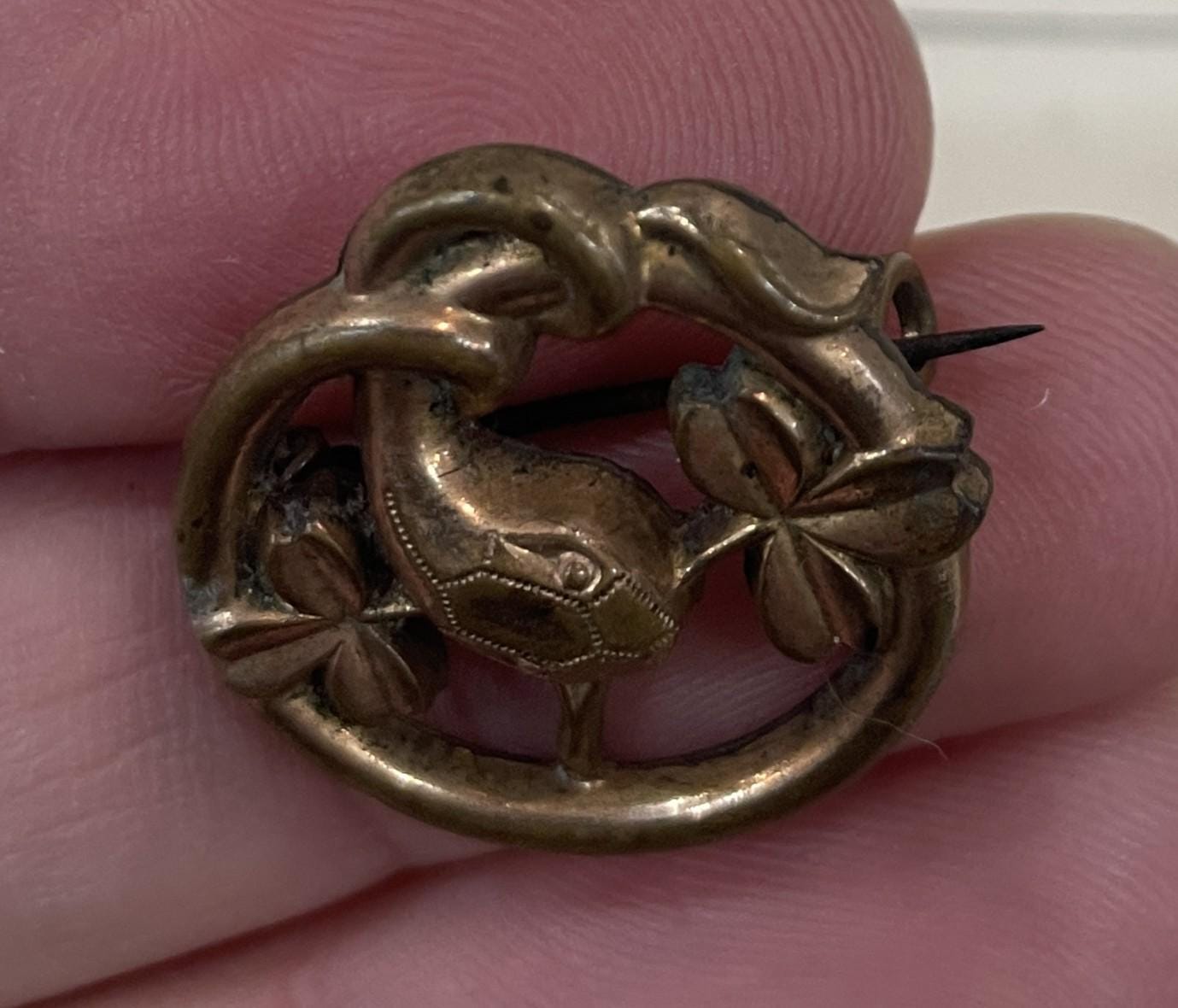 Rare Antique French Art Nouveau Gold Plated Brooch Snake Serpent Clovers c1920