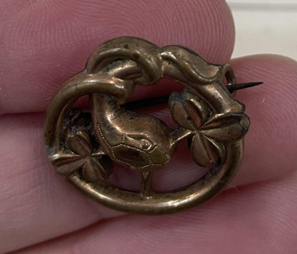 Rare Antique French Art Nouveau Gold Plated Brooch Snake Serpent Clovers c1920