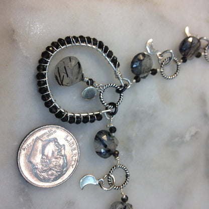 Moonphase wire wrapped necklace with rutilated quartz and sterling silver