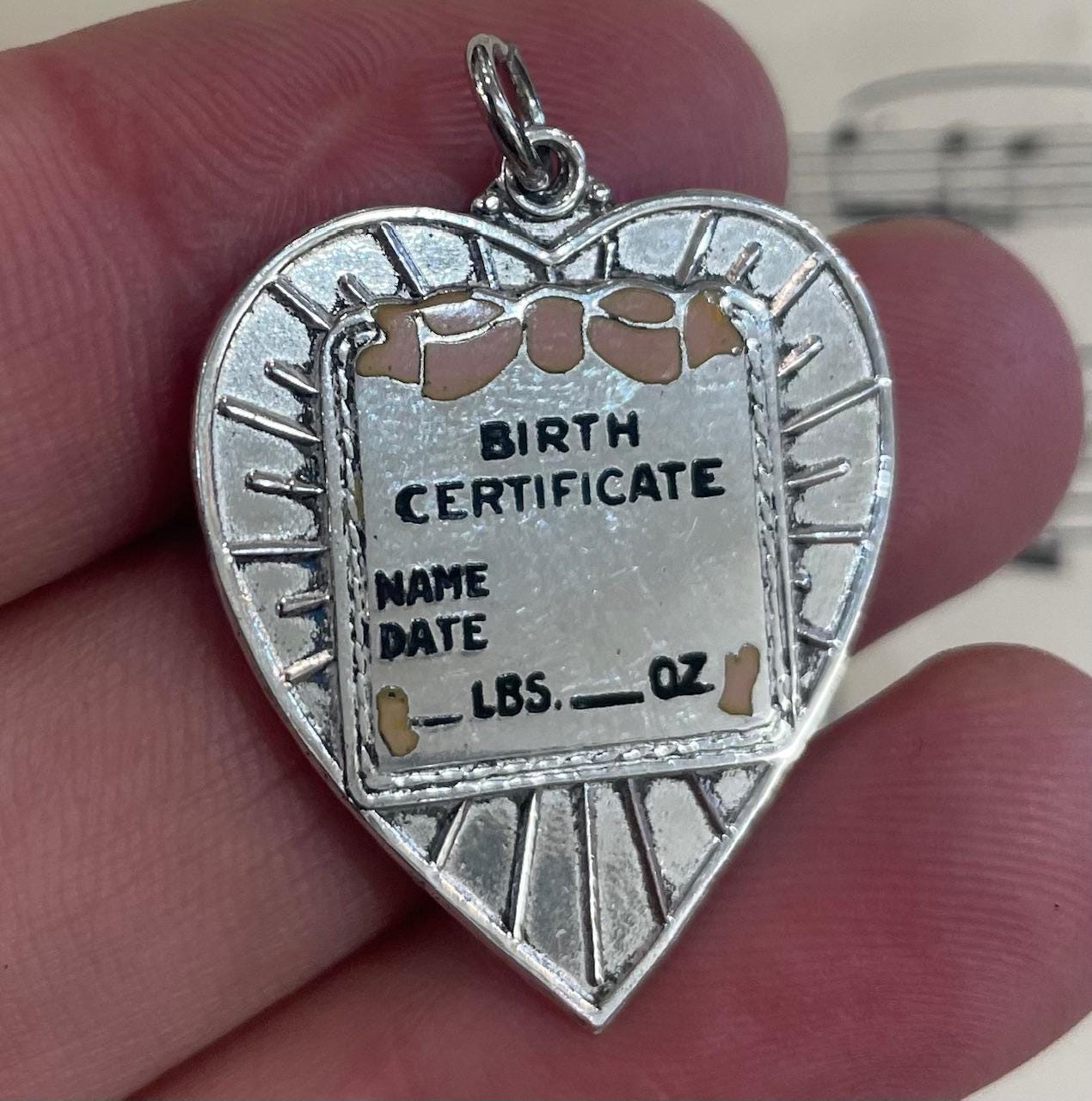Vintage Sterling Silver Enameled Charm Pendant Medal Birth Certificate