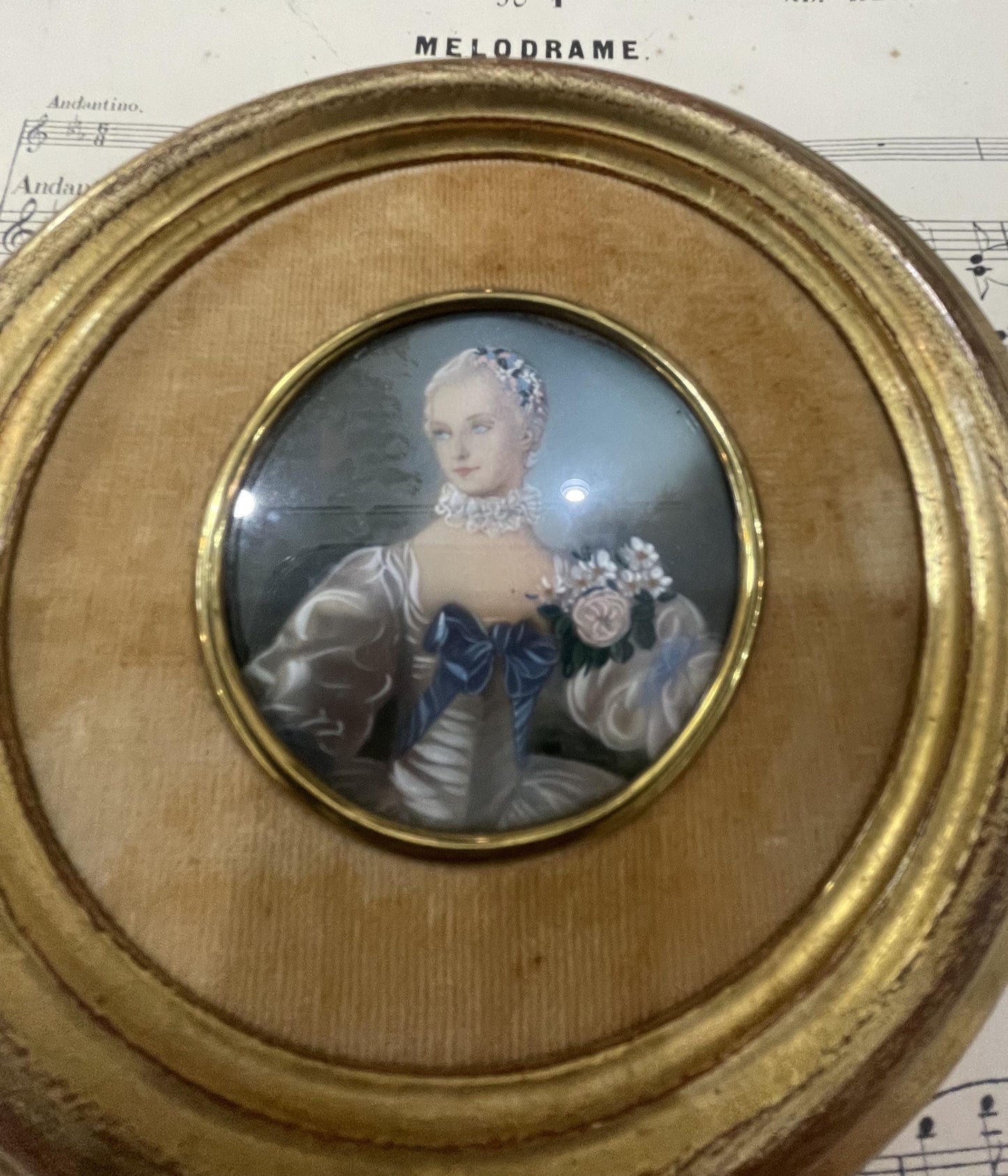 Antique French Miniature Woman Portrait Velvet Glass Flowers c1920