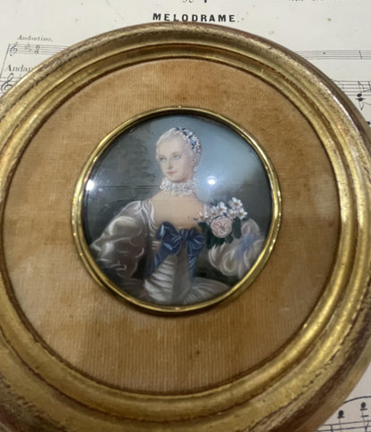 Antique French Miniature Woman Portrait Velvet Glass Flowers c1920
