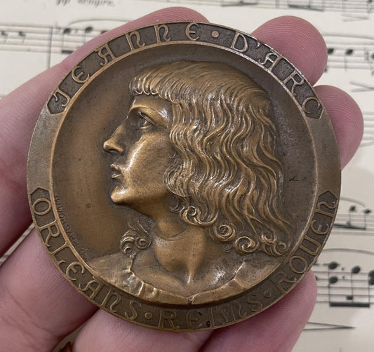 Large Antique French Bronze Joan of Arc Medal Signed Prudhomme c1920