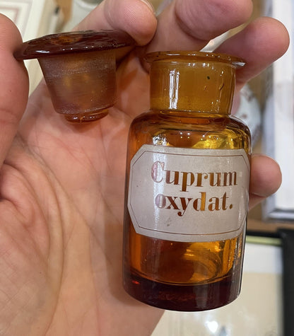 Small Antique French Apothecary Bottle Amber Glass Cuprum Oxydat. c1880