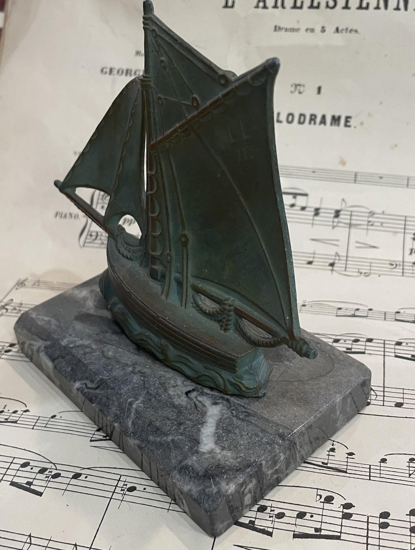 Antique French Boat Sculpture on Marble c1940