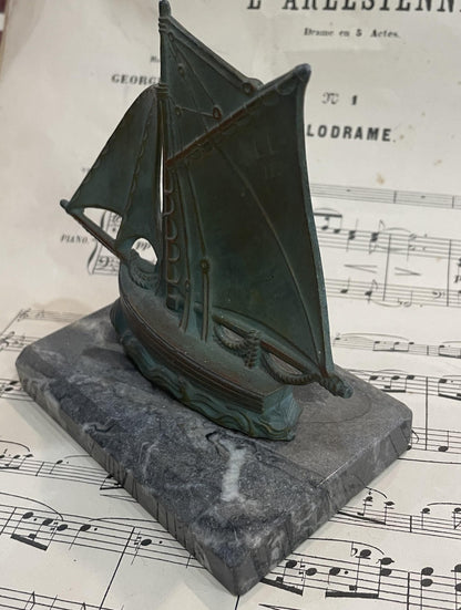 Antique French Boat Sculpture on Marble c1940