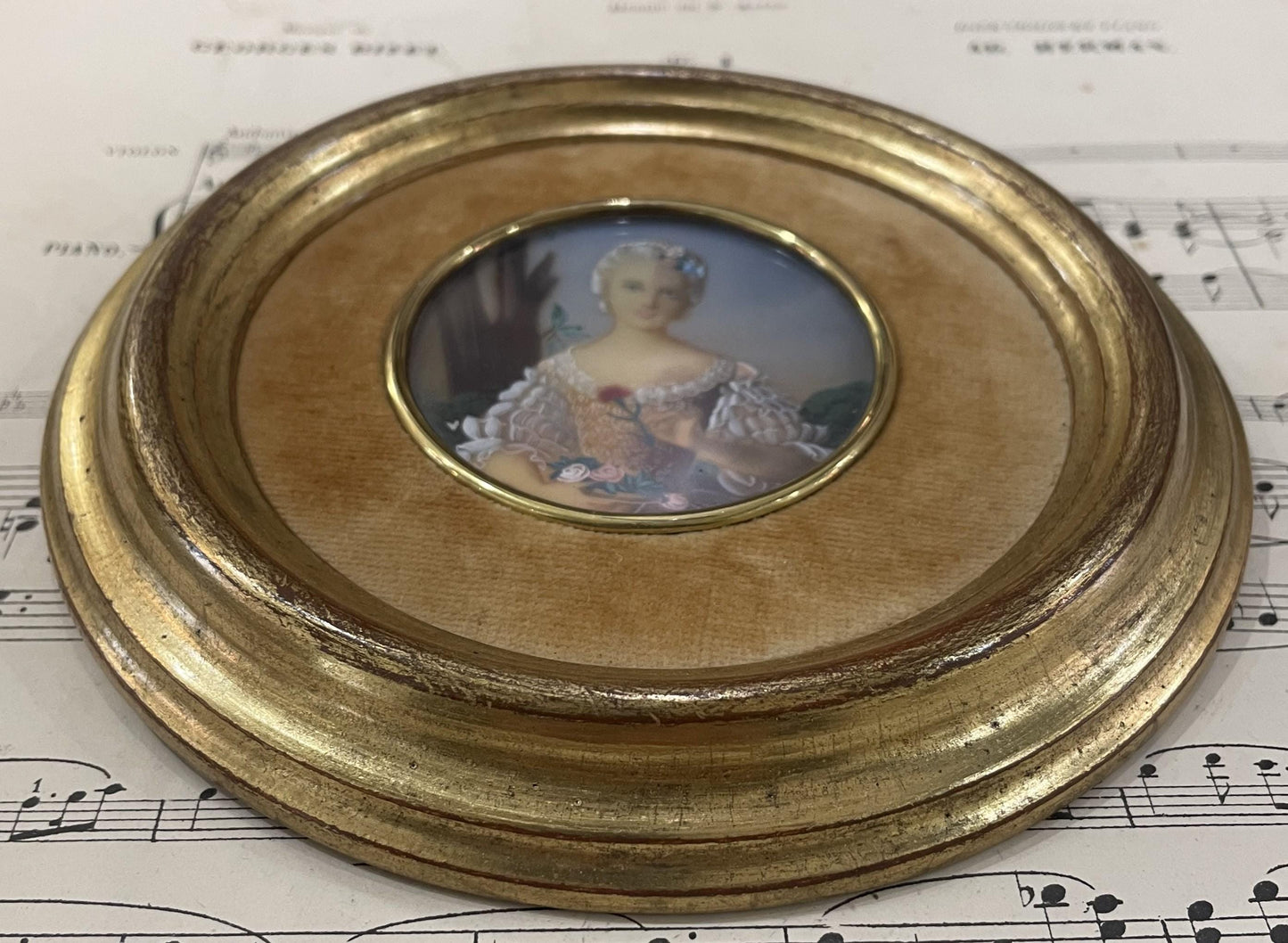 Antique French Miniature Woman Portrait Velvet Glass Roses c1920