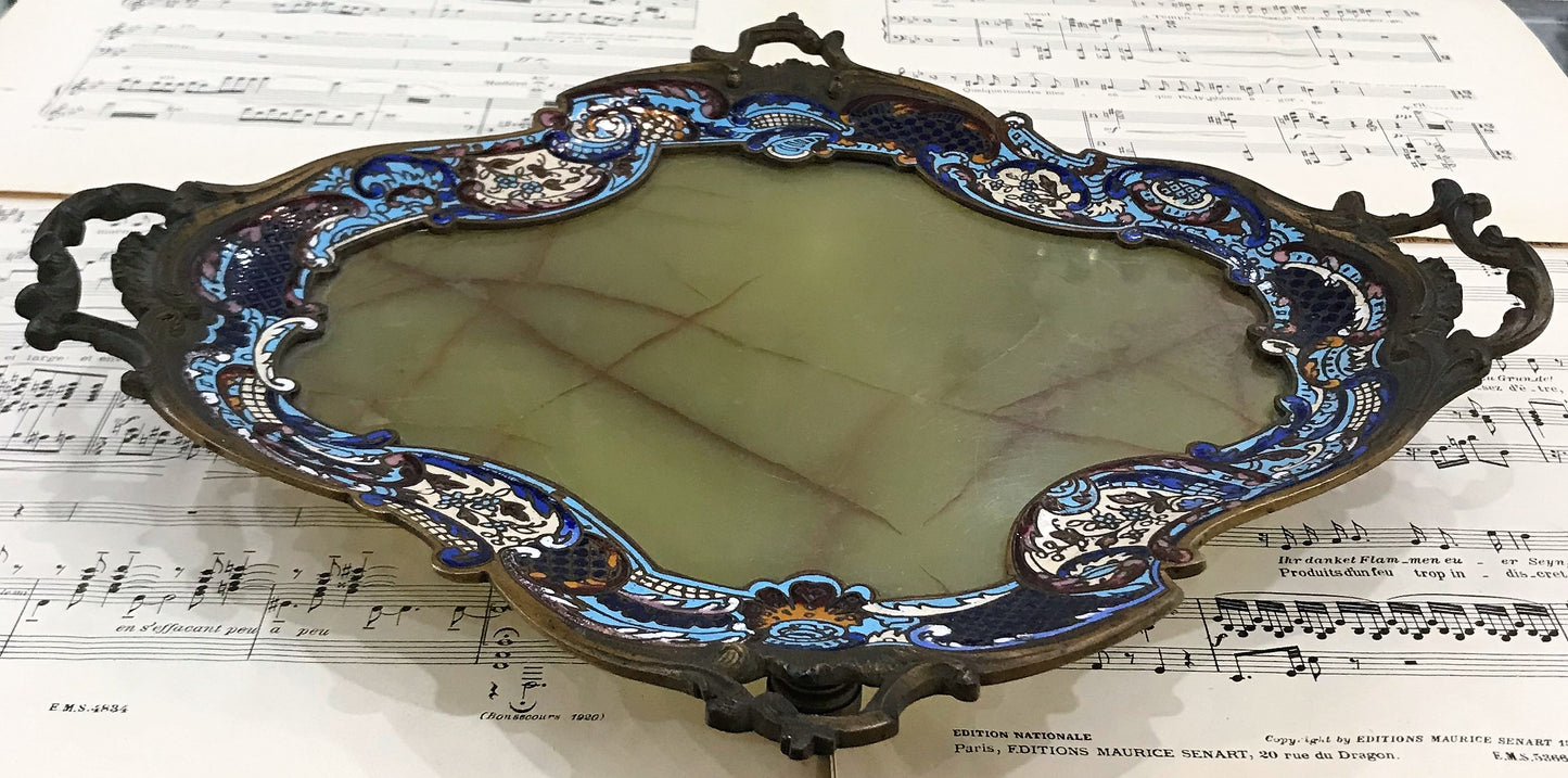 Rare Large Antique French Bronze Champleve Enamel Green Onyx Tray Platter Centerpiece c1880