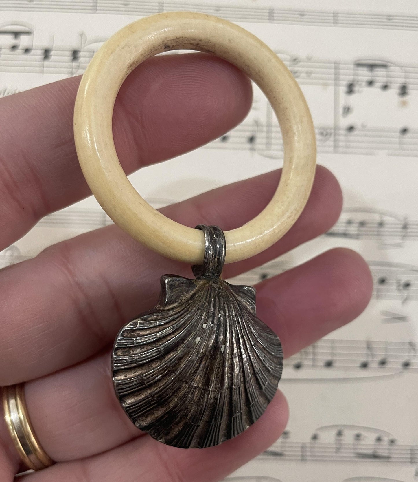 Antique French Art Nouveau Sterling Silver Baby Rattle Shell c1900