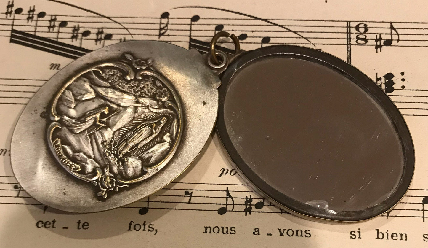 Antique French Art Nouveau Sliding Mirror Pendant Apparition of Lourdes c1900