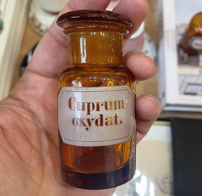 Small Antique French Apothecary Bottle Amber Glass Cuprum Oxydat. c1880