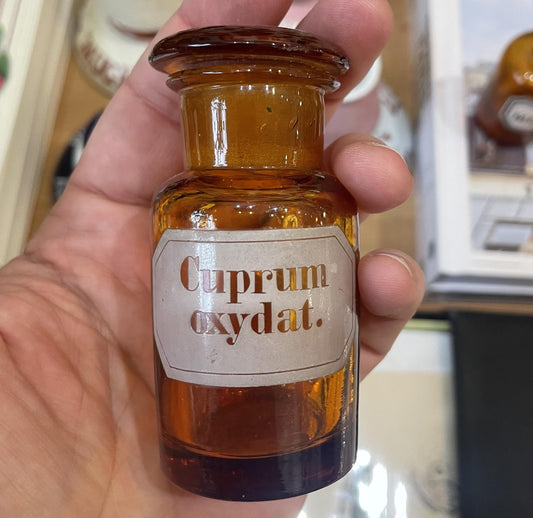 Small Antique French Apothecary Bottle Amber Glass Cuprum Oxydat. c1880