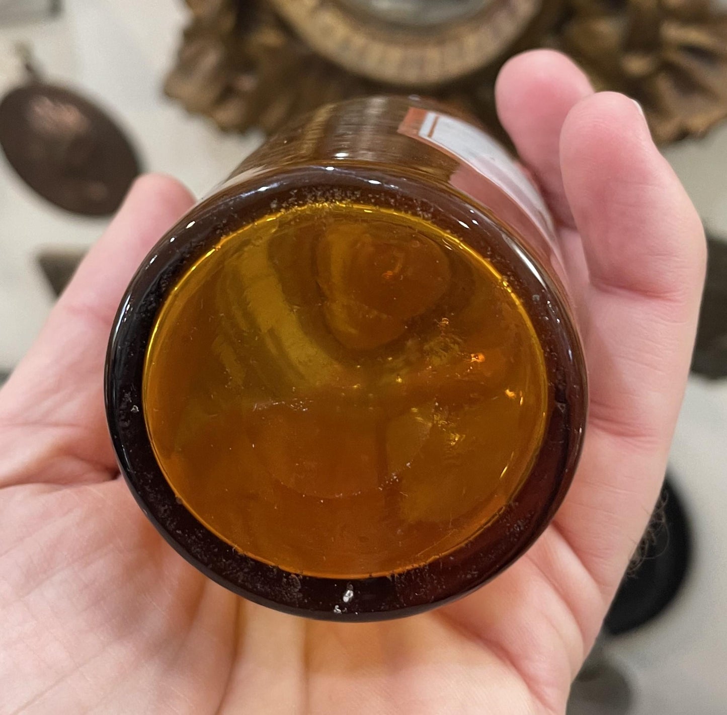 Small Antique French Apothecary Bottle Amber Glass Cupr. Oxydat. c1880