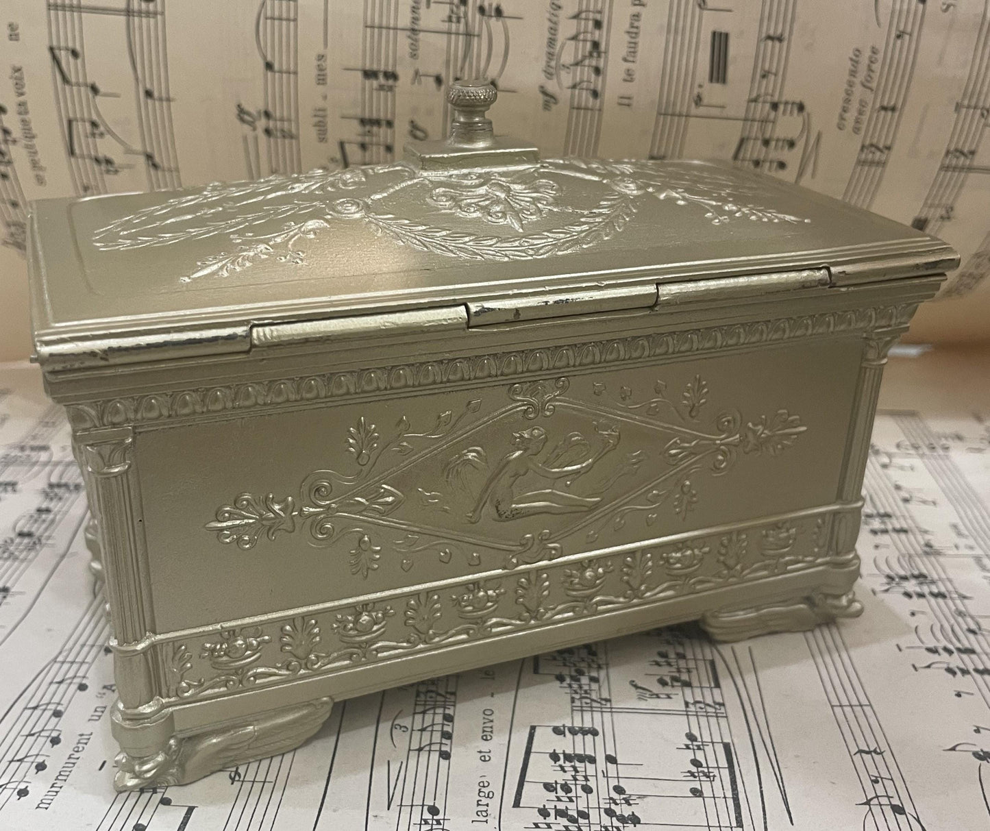 Antique French Jewelry Box with Green Cushion c1940