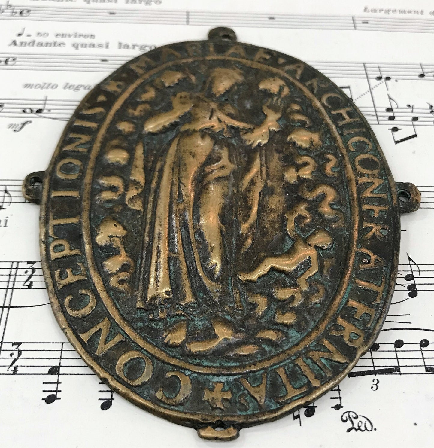 Rare Large Antique French Bronze Virgin Mary Icon Plaque Medal c1800