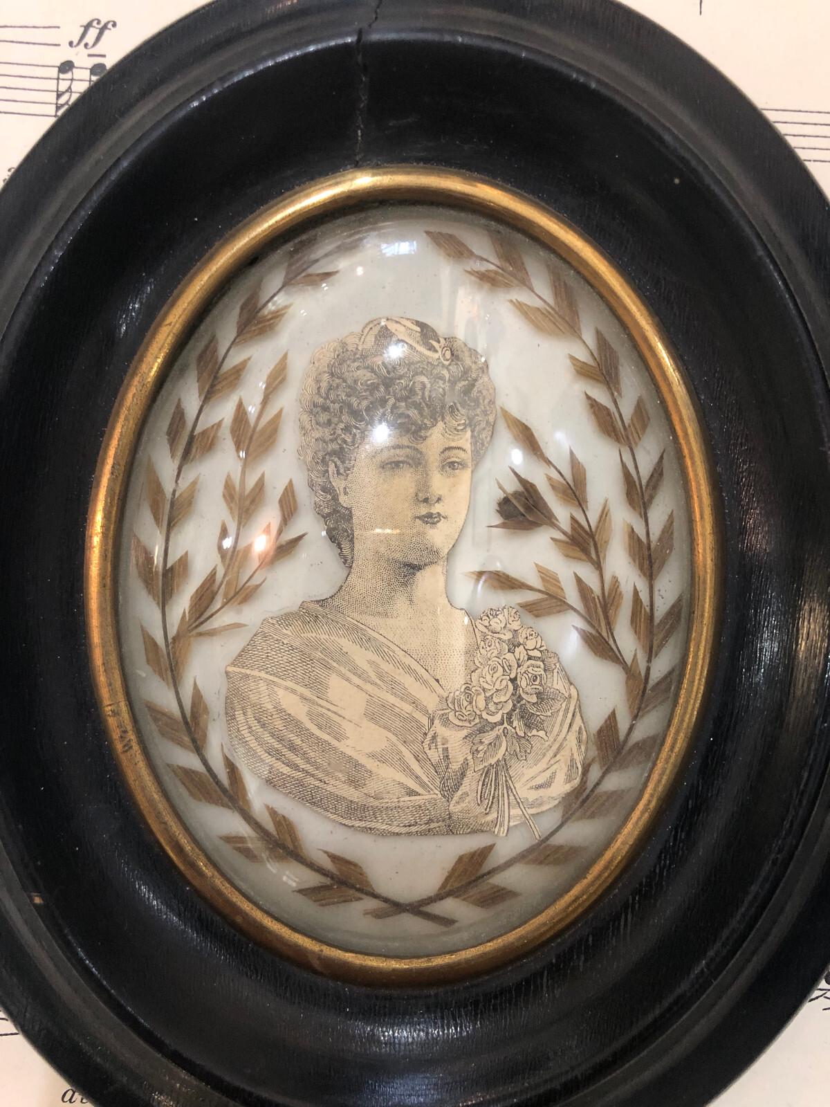 Rare Antique French Mourning Hair Art Domed Glass Wooden Frame Woman c1880