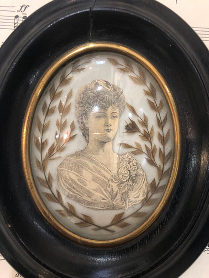 Rare Antique French Mourning Hair Art Domed Glass Wooden Frame Woman c1880
