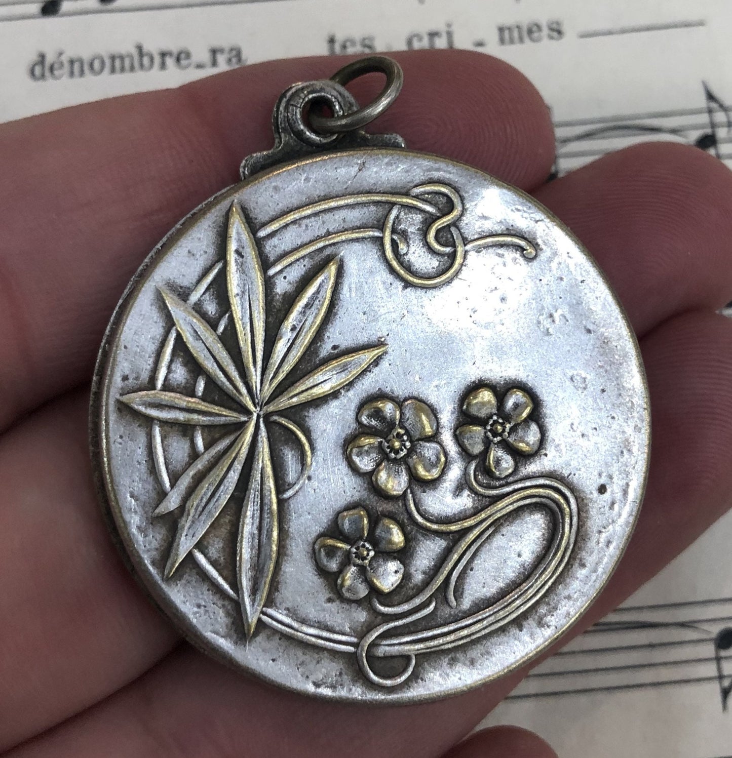 Antique Art Nouveau French Sliding Mirror Pendant St. Cecilia / Musician c1910