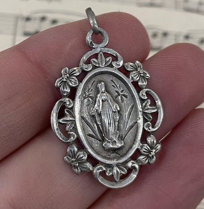 Antique French Art Nouveau Sterling Silver First Communion Medal Miraculous Madonna c1900
