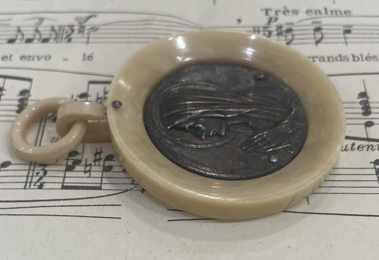 Antique French Crib Cradle Protector Virgin Mary Celluloid Baptism c1920