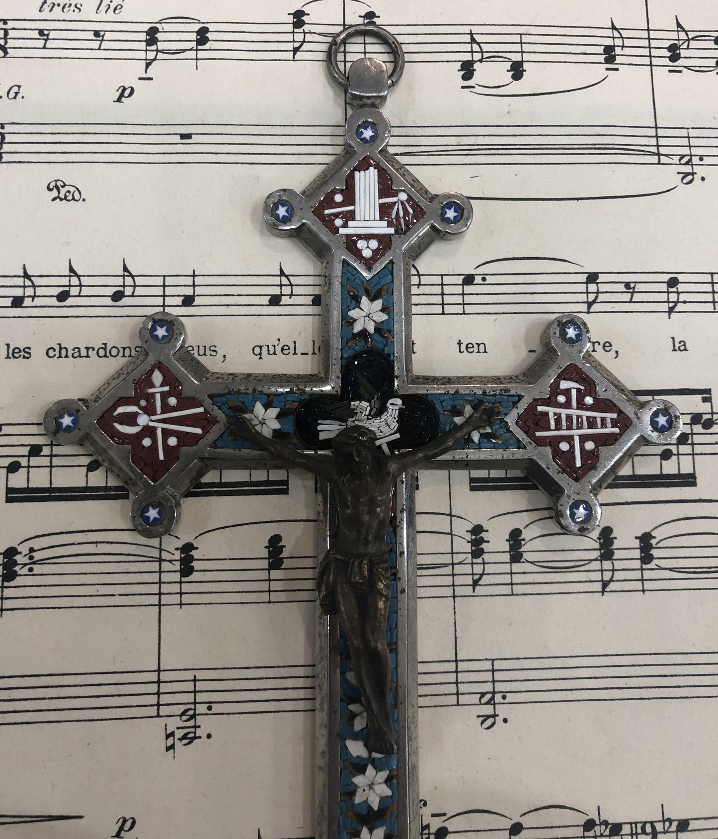 Large Antique Italian Micro Mosaic Micromosaic Cross Crucifix Bird Flowers c1900