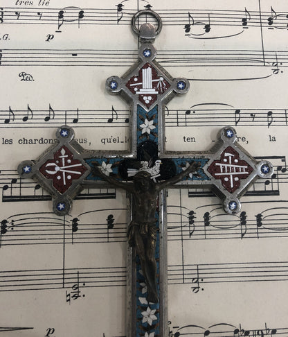Large Antique Italian Micro Mosaic Micromosaic Cross Crucifix Bird Flowers c1900