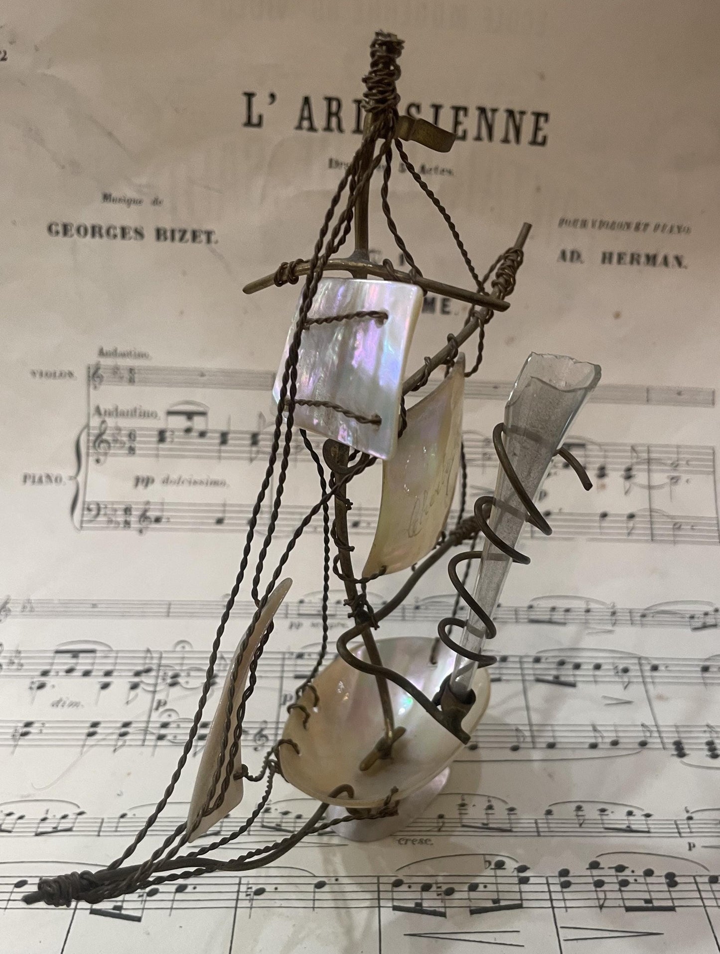 Rare Antique French Mother of Pearl Boat Souvenir of Cherbourg c1880