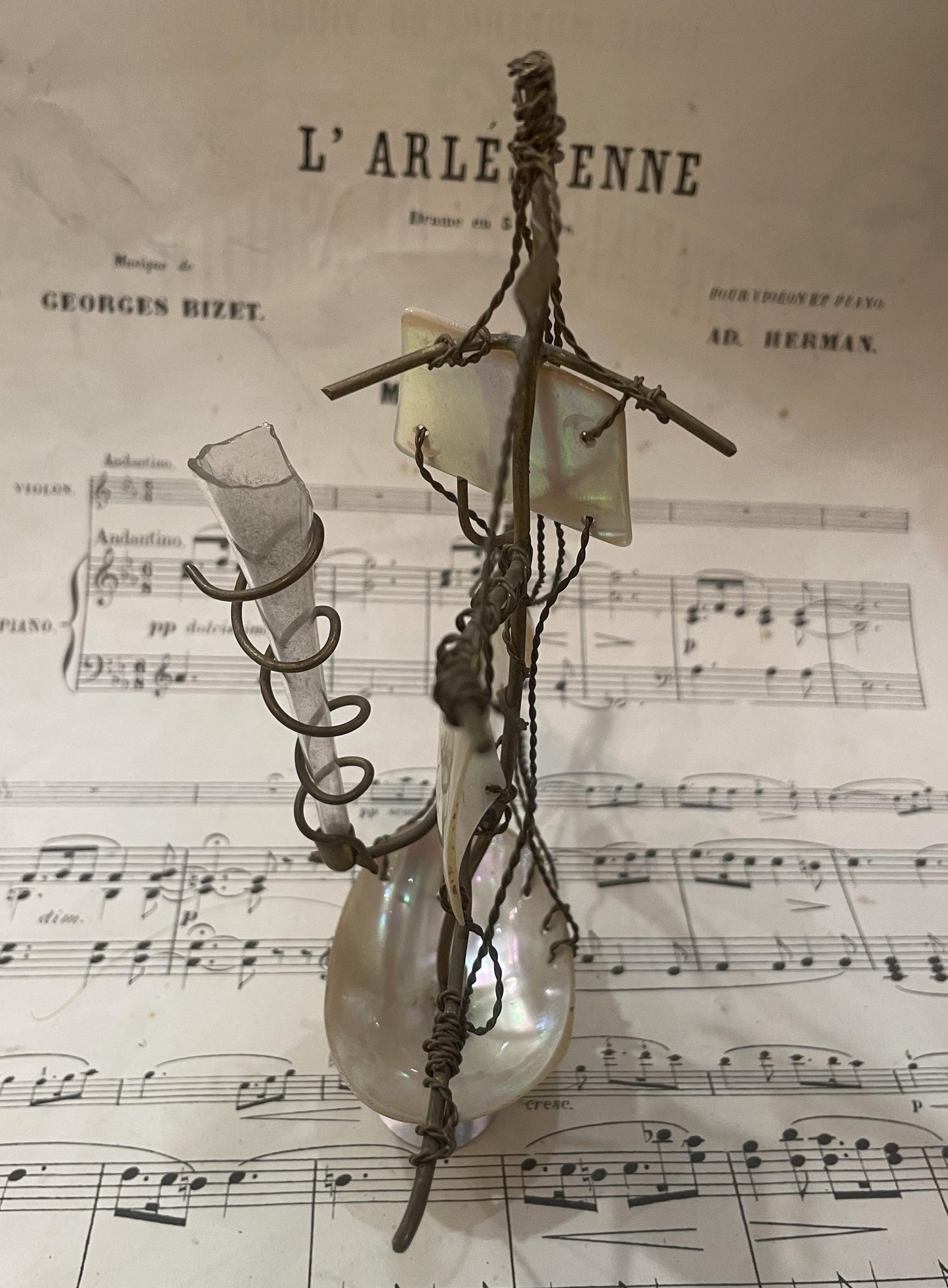 Rare Antique French Mother of Pearl Boat Souvenir of Cherbourg c1880