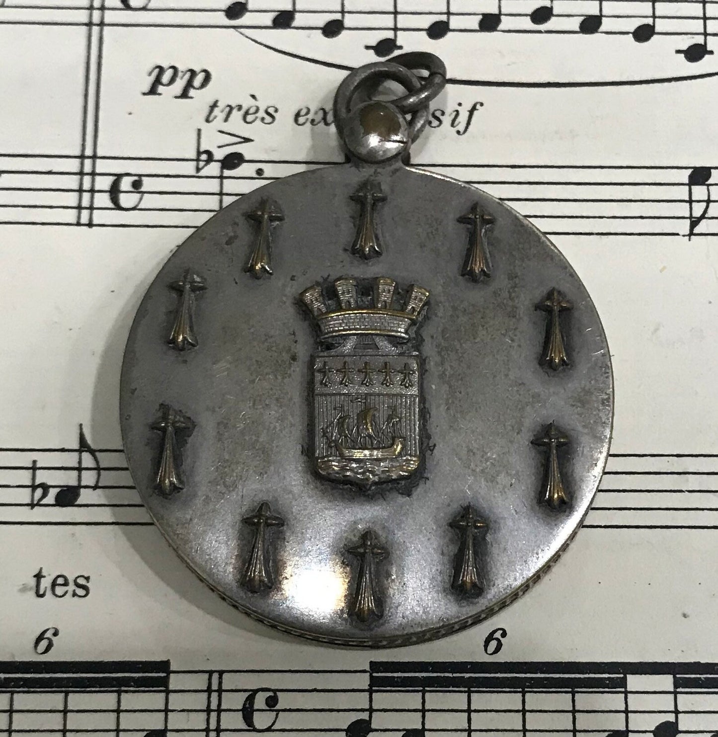 Antique French Art Nouveau Sliding Mirror Pendant Alsatian Cross Shield with Boat c1900