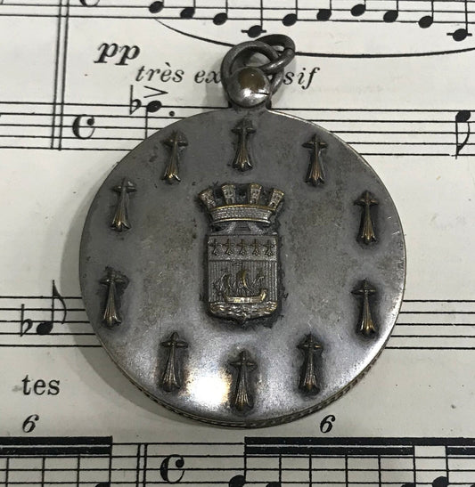 Antique French Art Nouveau Sliding Mirror Pendant Alsatian Cross Shield with Boat c1900