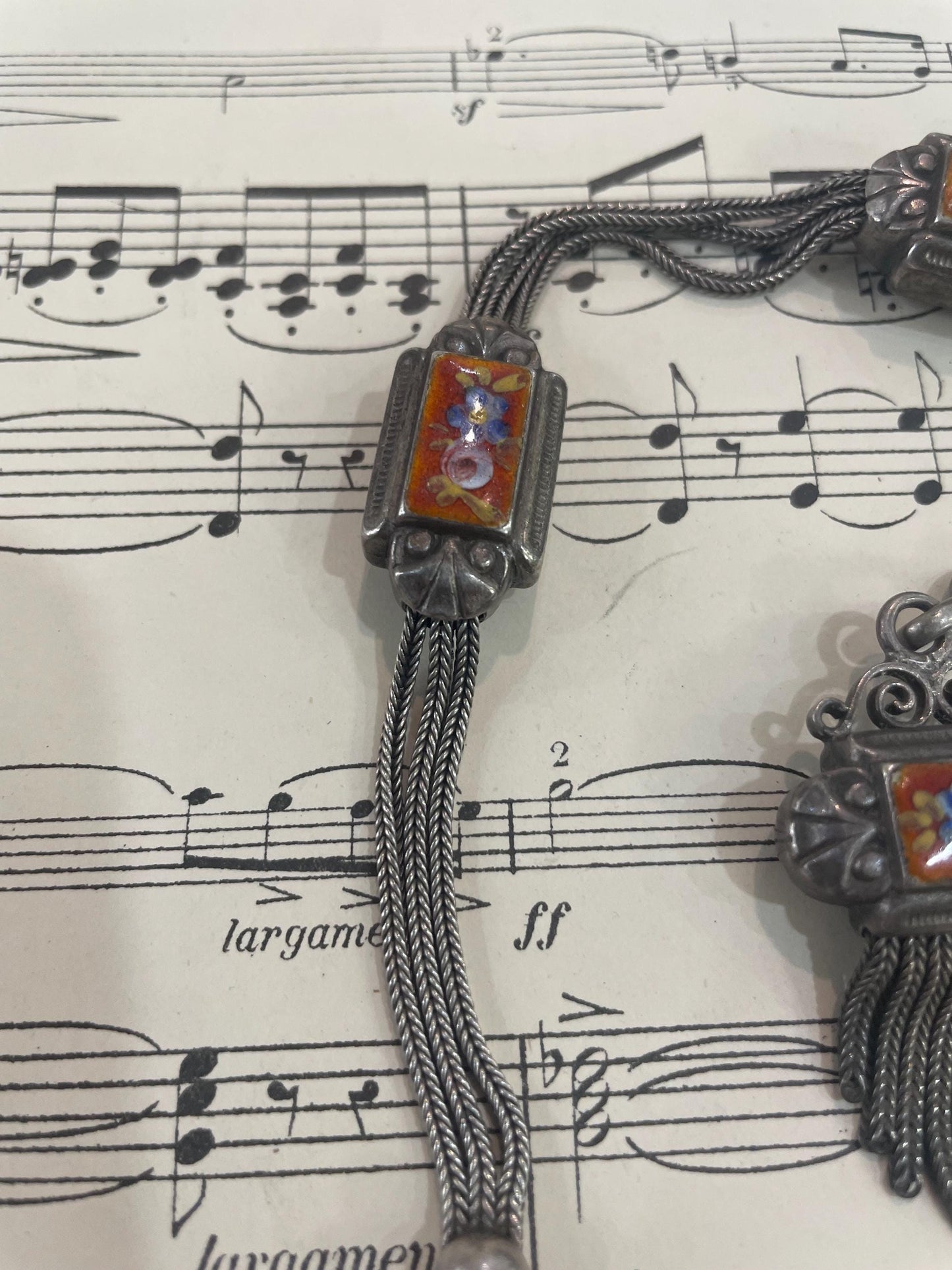 Rare Antique French Enameled Sterling Silver Pocket Watch Chain c1890