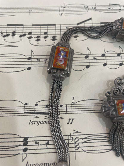 Rare Antique French Enameled Sterling Silver Pocket Watch Chain c1890