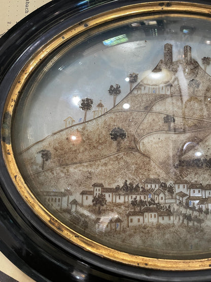 RARE Large Antique French Mourning Hair Art Domed Glass Wooden Frame Village Saint Cere c1860