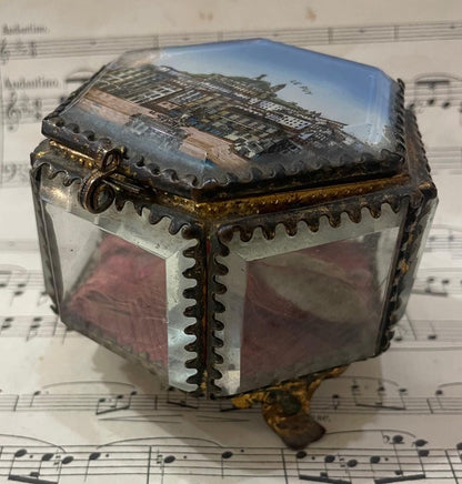 Antique French Eglomise Souvenir Jewelry Box Casket Le Puy c1900