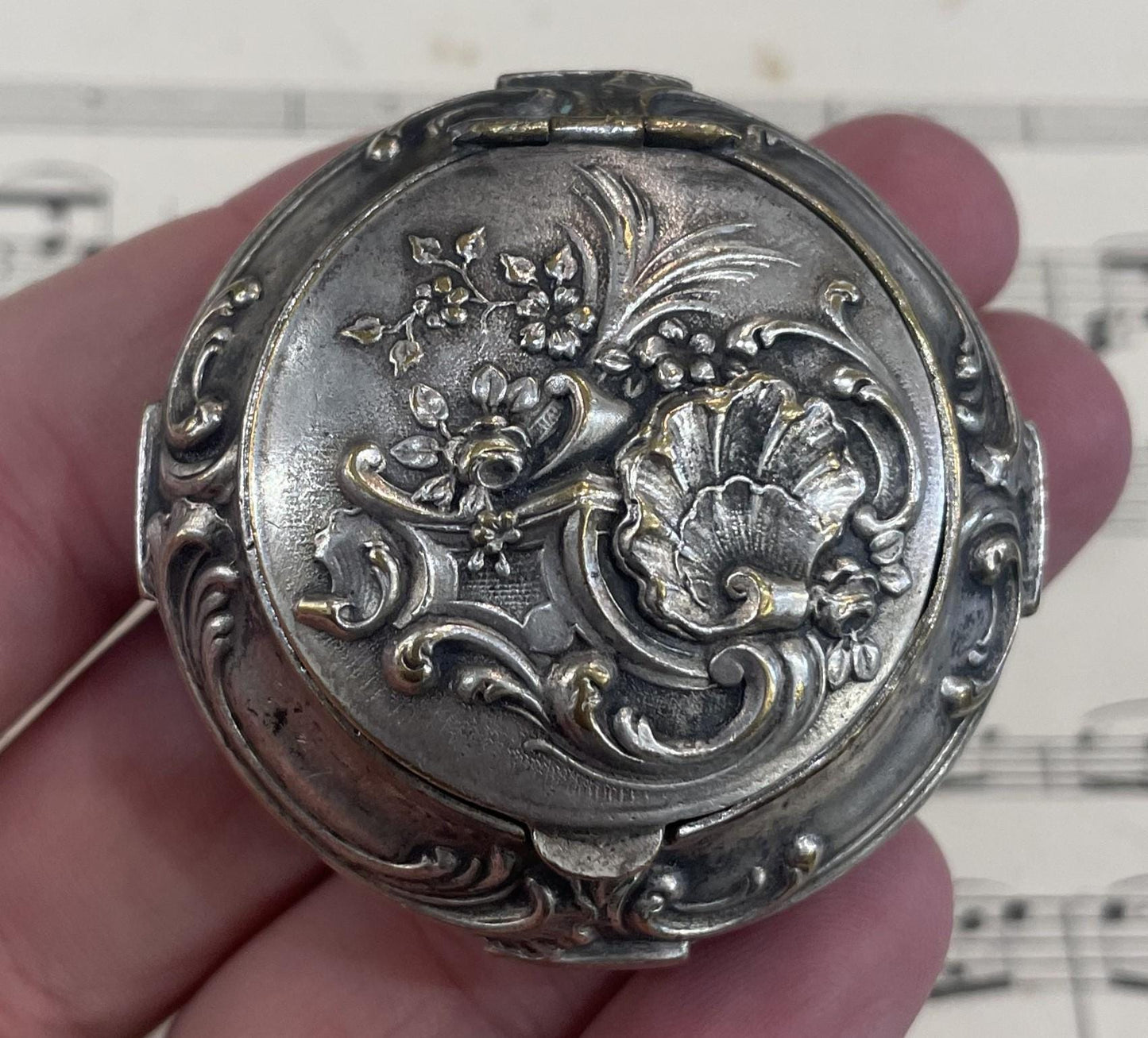 Antique French Pill Box Powder Puff with Mirror Flowers c1900