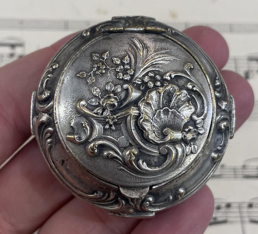 Antique French Pill Box Powder Puff with Mirror Flowers c1900