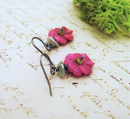 Dangle Pink Rhodonite Cherry Blossom Earrings with pearls, peridot and sterling earwires