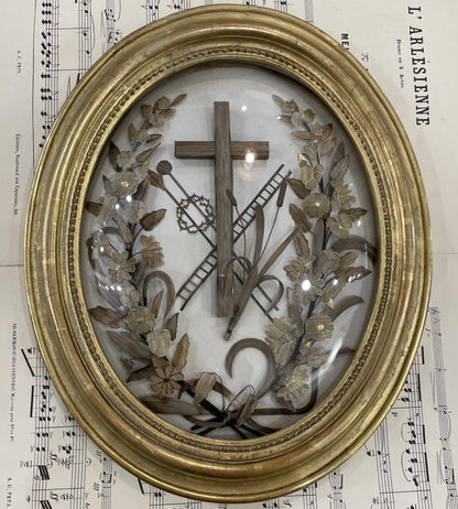 Rare Large Antique French Mourning Hair Art Domed Glass Oval Wooden Frame c1880