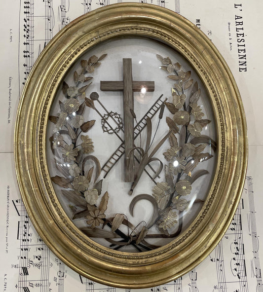 Rare Large Antique French Mourning Hair Art Domed Glass Oval Wooden Frame c1880