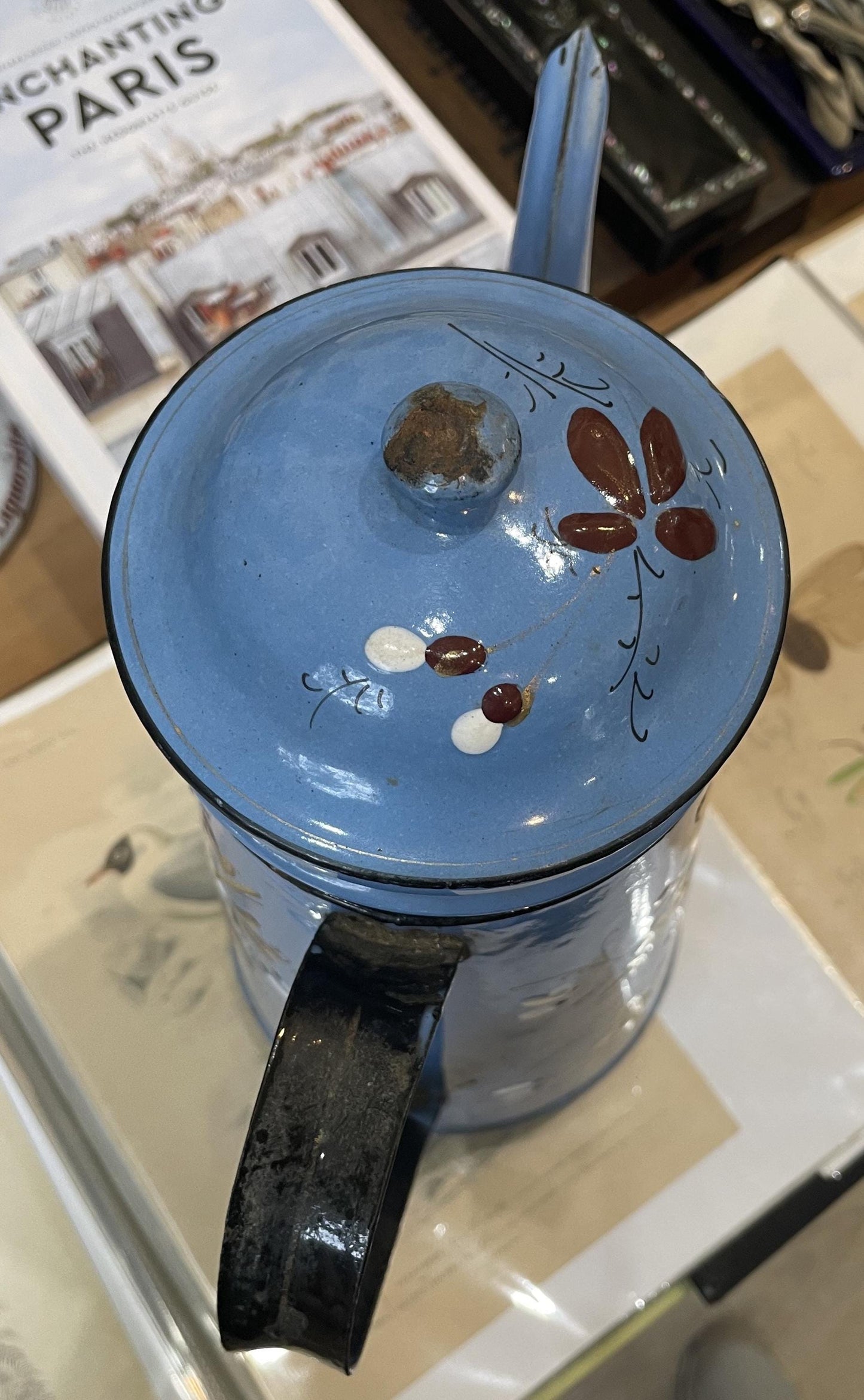 Rare Antique French Enamelware Coffee Pot Butterfly Flowers c1920