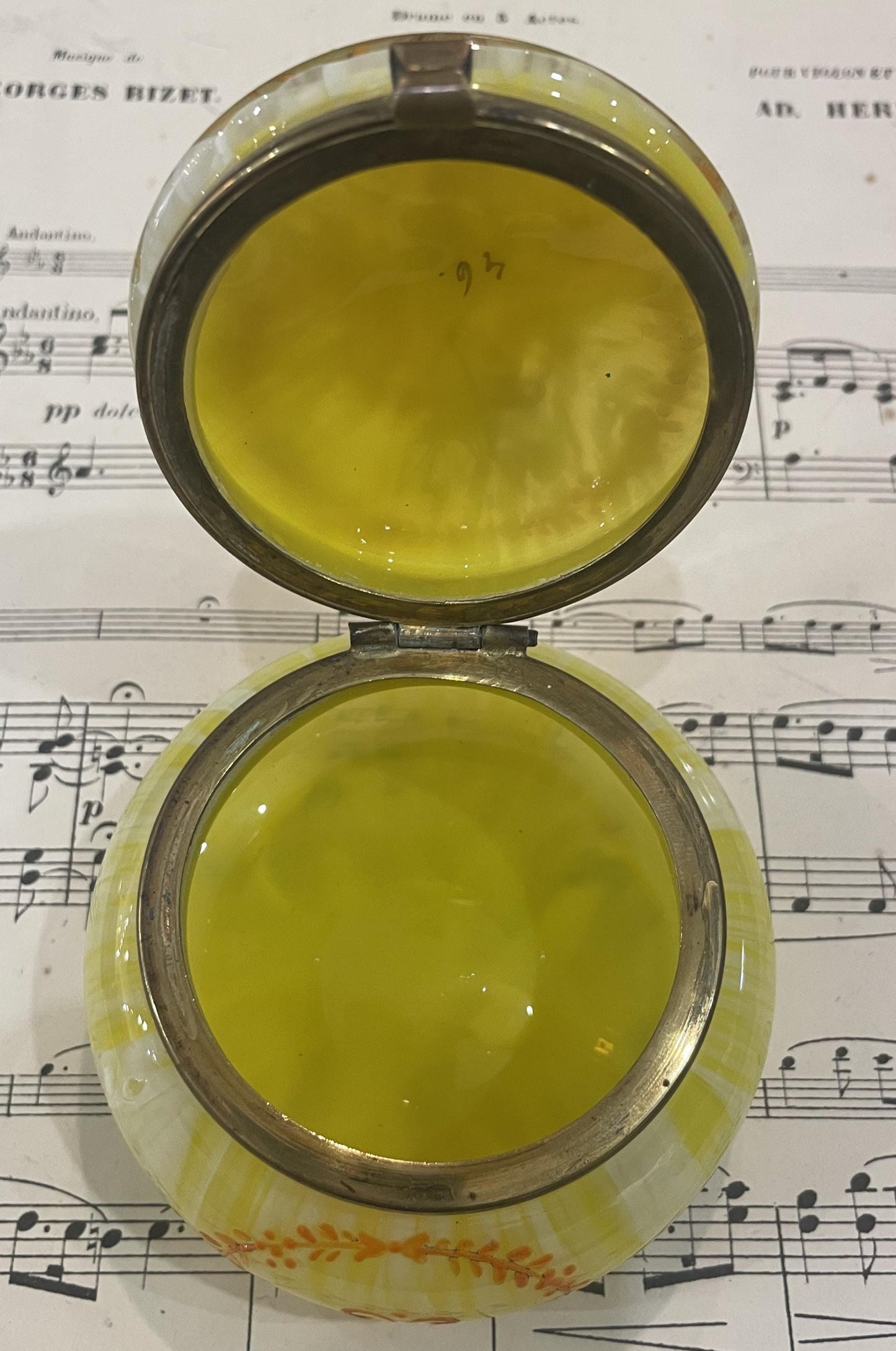 Antique French Gilt Brass Yellow Glass Hand Painted Enameled Box Torch c1920