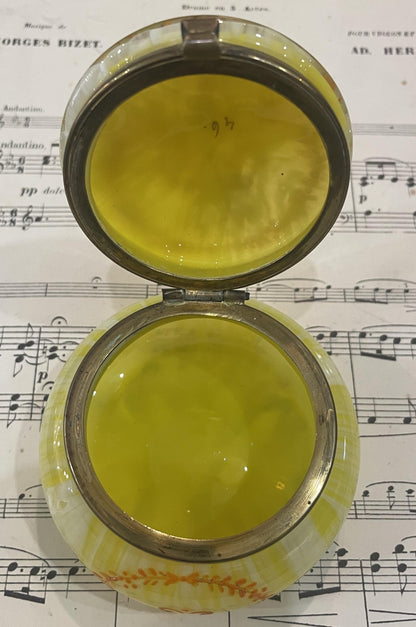 Antique French Gilt Brass Yellow Glass Hand Painted Enameled Box Torch c1920