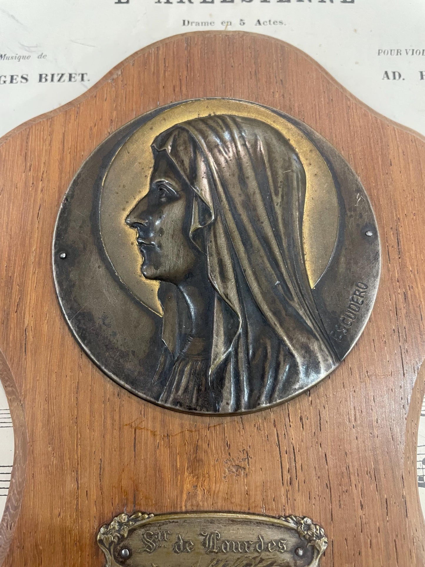 Antique French Art Nouveau Wooden Signed Holy Water Font Lourdes Virgin Mary c1920