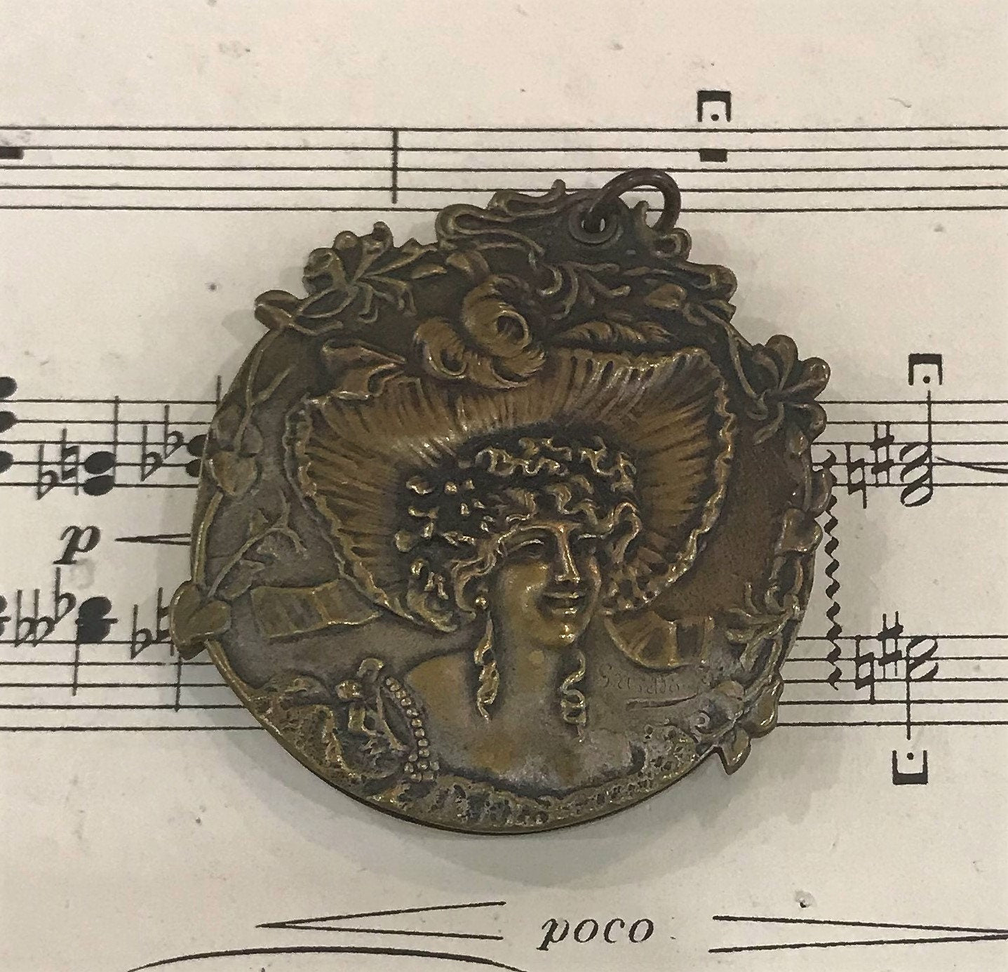 Antique French Art Nouveau Sliding Mirror Pendant Woman Hat Signed c1900