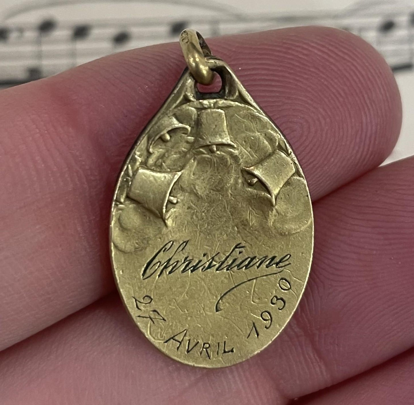 Antique French Gold-Filled First Communion Angel Religious Medal Signed Dropsy c1930