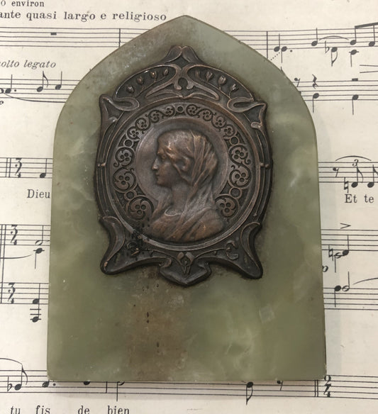 Antique French Green Onyx Icon Stand Virgin Mary Lily c1920