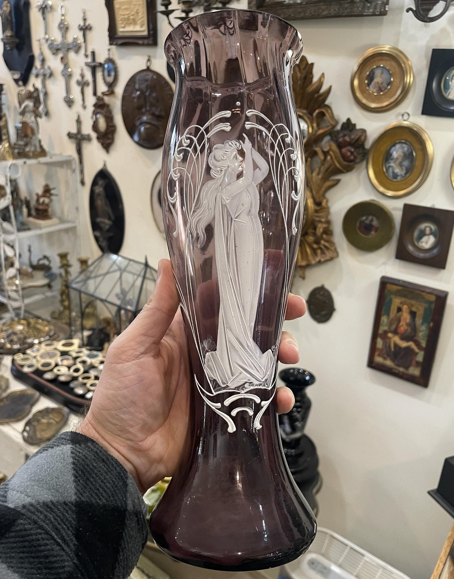 Antique French Purple Glass Hand Painted Enameled Vase Mary Gregory c1900