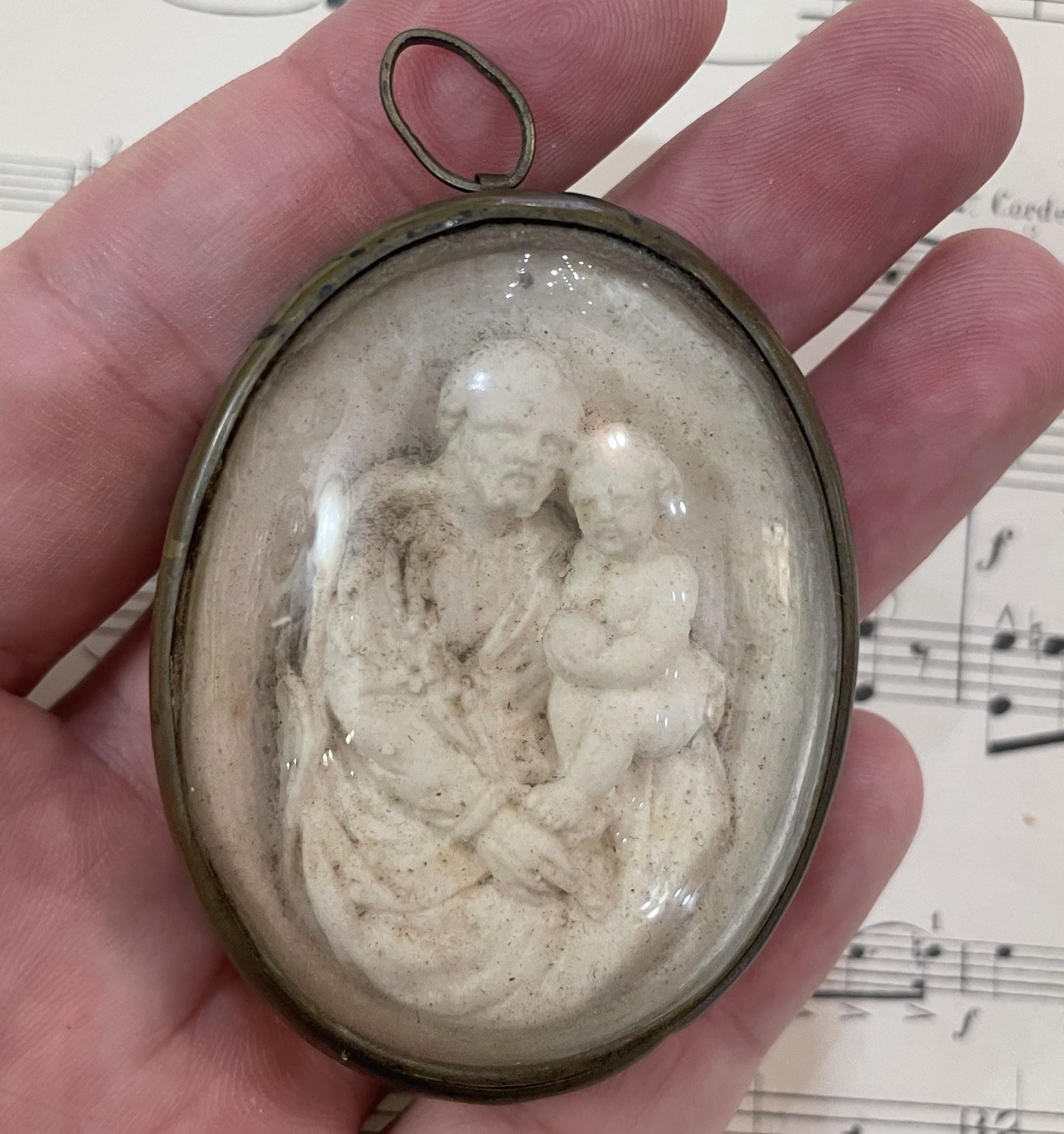 Rare Antique French Carved Plaster Joseph Jesus Domed Glass Icon c1900